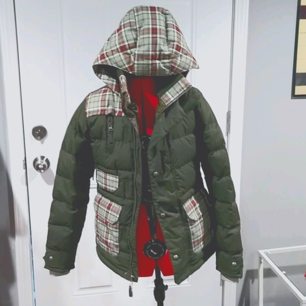 Burton Ski Coat, olive green and red plaid